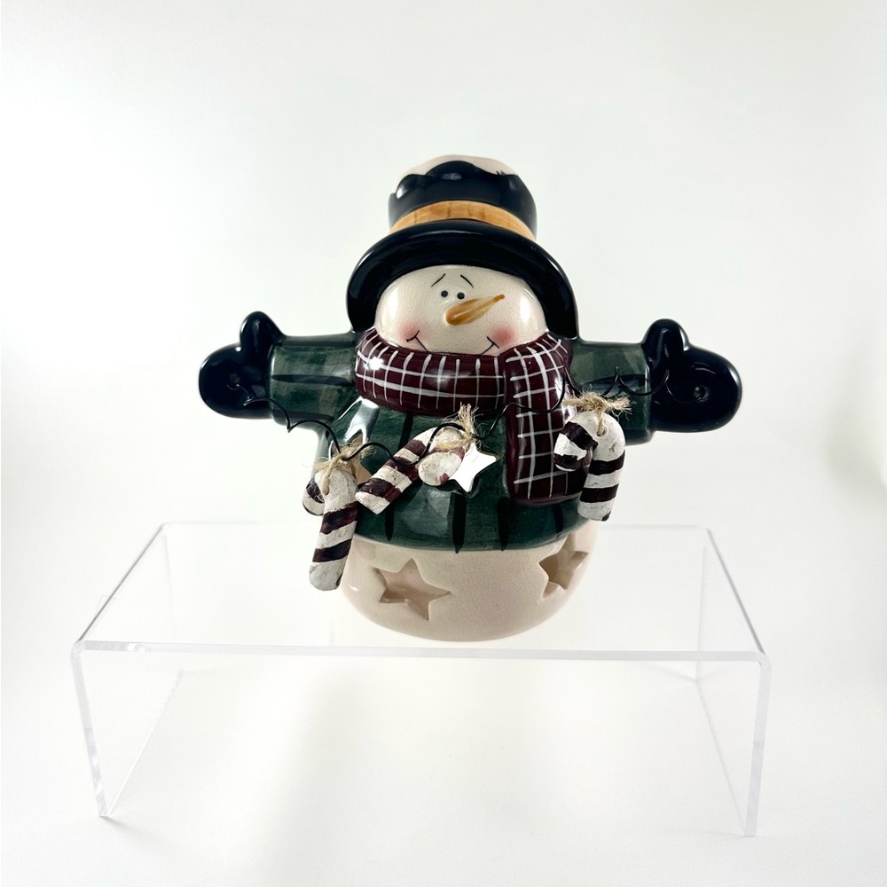 Crazy Mountain Snowman Tealight Candle Holder With Candy Cane Ornaments